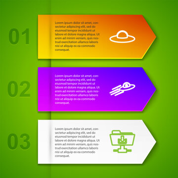 Set line UFO flying spaceship, and alien, FTP folder download and Folder tree. Business infographic template. Vector