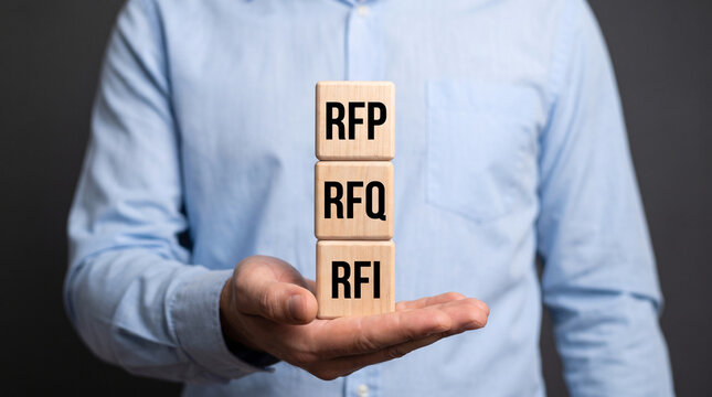 Professional holding wooden blocks featuring business procurement acronyms rfp rfq and rfi in bright light