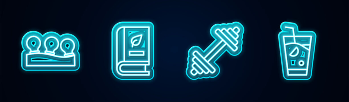 Set line Vacuum cans, Medical book, Dumbbell and Fresh smoothie. Glowing neon icon. Vector