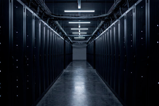Enterprise 3D server racks inside modern data center corridor