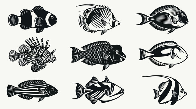 A monochrome flat vector icon set of 9 detailed reef fish including clownfish, butterflyfish, surgeonfish, lionfish, parrotfish, tang fish, wrasse, triggerfish, and bannerfish, exotic body patterns