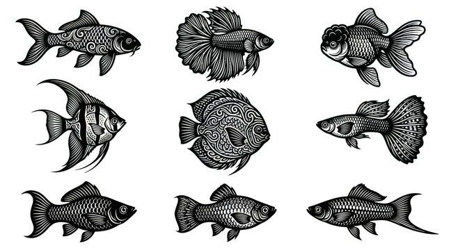 A monochrome flat vector icon set of 9 detailed ornamental fish including koi, betta, goldfish, angelfish, discus, guppy, molly, platy, and swordtail, elegant fins, decorative tails, flowing shapes