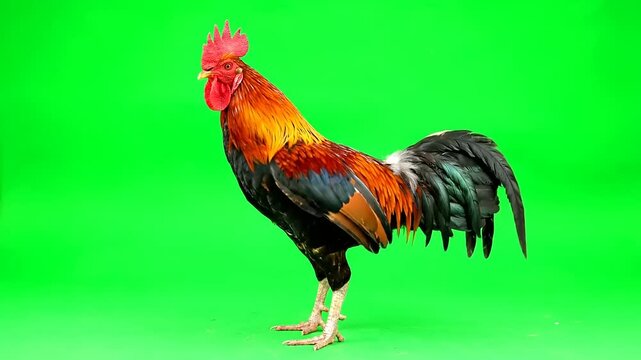 A Majestic Rooster Stands Proudly Against a Vibrant Green Screen Background.