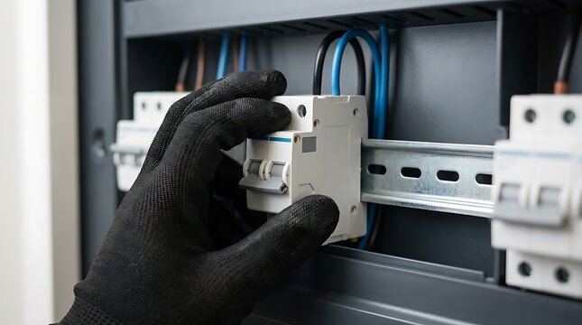 A close-up of an electrician wearing black gloves installing a white circuit breaker onto a metal din rail inside an electrical distribution panel