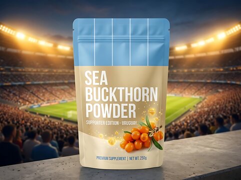 A pouch of Sea Buckthorn Powder dietary supplement stands prominently on a ledge overlooking a vibrant, brightly lit sports stadium filled with cheering spectators.