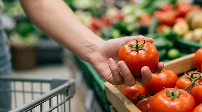 A person picking a fresh red tomato from a wooden crate at a grocery store, with a blurred background, of various vegetables, and a shopping cart