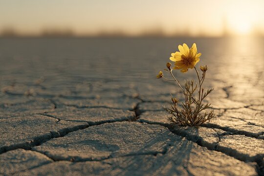 A single yellow wildflower blooms bravely from cracked, sun-baked earth under a golden sunset