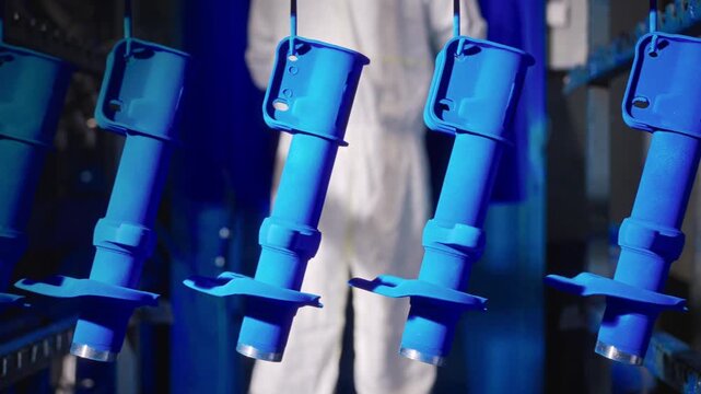 Close-up of automotive metal components moving on conveyor through bright blue powder coating line inside industrial plant with hooks, racks, and fresh matte finish