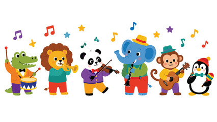 Fototapeta premium Cute animals playing musical instruments in a marching band group.
