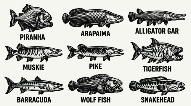 A monochrome flat vector icon set of 9 detailed predator fish including piranha, arapaima, alligator gar, muskie, pike, tigerfish, barracuda, wolf fish, and snakehead, aggressive jawlines