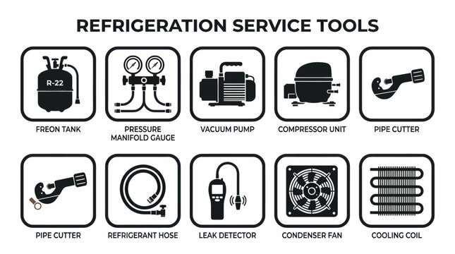 A monochrome flat vector icon set of 9 refrigeration service tools including freon tank, pressure manifold gauge, vacuum pump, compressor unit, pipe cutter, refrigerant hose, leak detector, condenser 