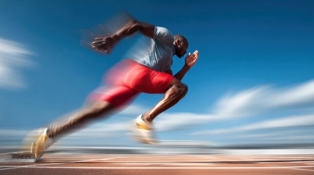 Dynamic male sprinter exploding off starting blocks on track with motion blur