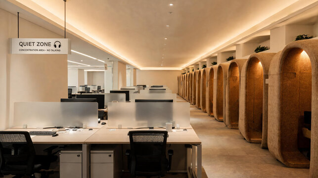 Modern office quiet zone with focus pods, phone booths, workplace transformation interior