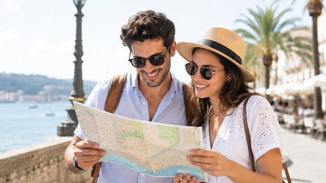 Cheerful young couple exploring European city with map during summer vacation