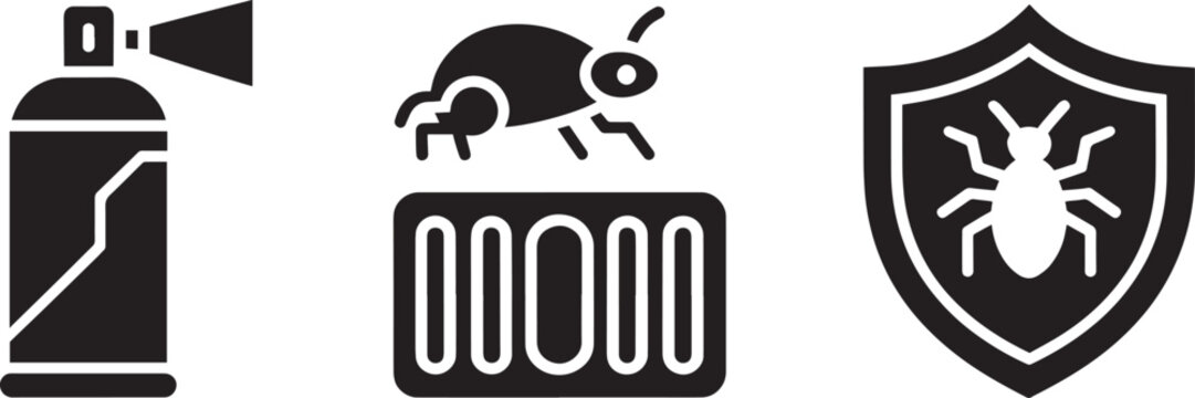 Pest control icons illustrate the process of identifying, spraying, and protecting properties from insect infestations.