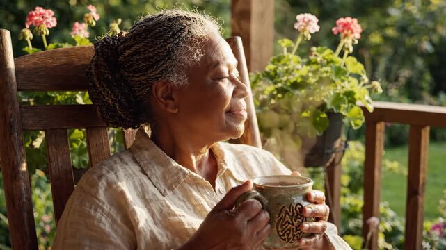 Elderly woman senior female on porch in garden morning sunlight with coffee tea cup relaxation peaceful smile rocking chair and flowers
