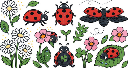 Cute Ladybug Collection with Cartoon Ladybirds, Garden Flowers, Clover Leaves, Daisy Blossoms, Nature Insects, and Kawaii Vector Illustration Set © Priyanka
