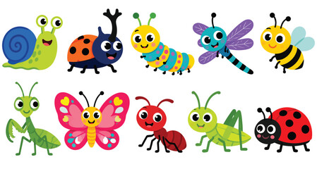 Obraz premium Adorable colorful garden insects and snails character collection.
