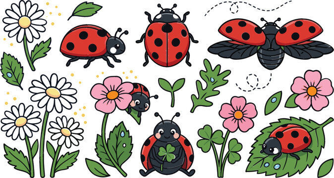 Cute Ladybug Collection with Cartoon Ladybirds, Garden Flowers, Clover Leaves, Daisy Blossoms, Nature Insects, and Kawaii Vector Illustration Set