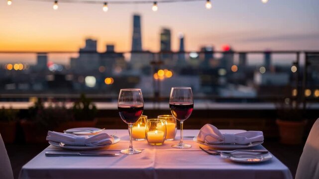 Romantic rooftop dinner setting with red wine candles and city skyline at sunset evening
