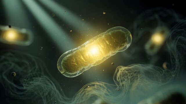 Close up glowing mitochondria cell structure with detailed texture in dark background science concept