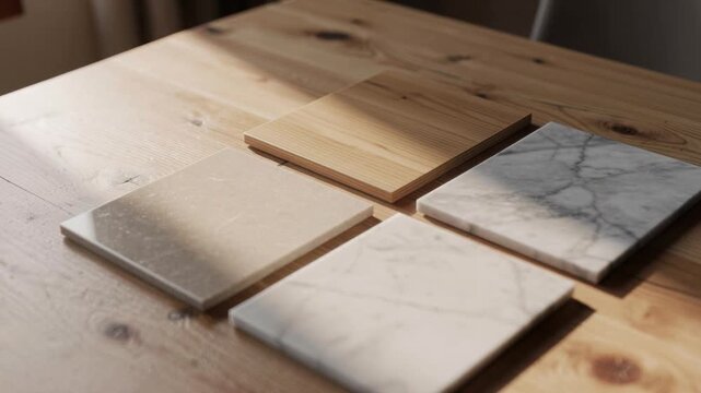 Natural stone and wood flooring samples on wooden table with soft lighting for interior design ideas