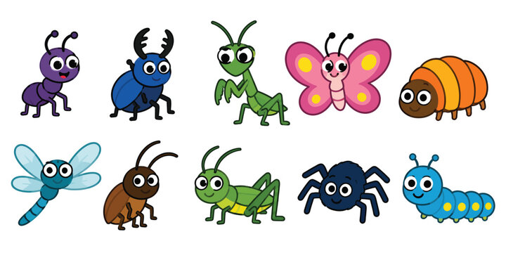Collection of cartoon insects and creepy crawlies character set.