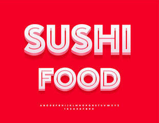 Vector Marketing flyer Sushi Food. Cool White 3D Font. Unique set of Modern Alphabet Letters and Numbers. © Popskraft