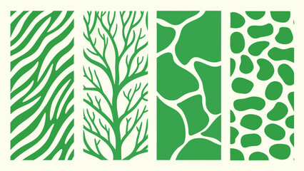 Four Vertical Panels Featuring Nature inspired Patterns In Green A Repeating Vector Illustration animal print botanical illustration branch pattern camouflage complex design © Fulmala