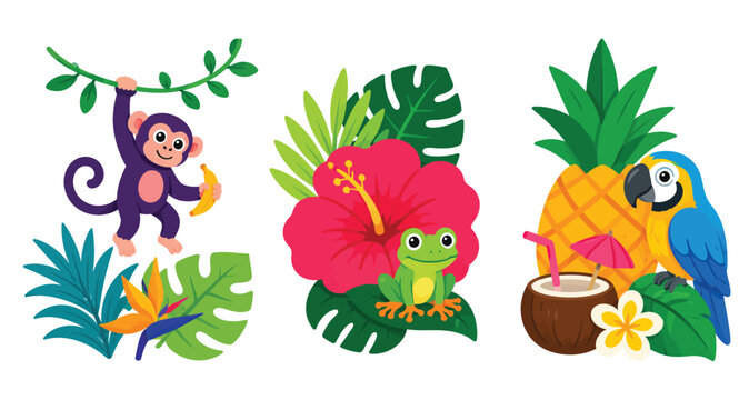 Jungle rainforest wildlife with a monkey frog parrot and tropical fruits.