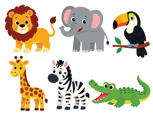 Fototapeta premium Wild safari animals set featuring a lion elephant toucan giraffe zebra and crocodile.