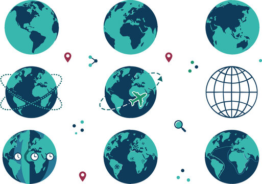 World Globe Collection with Global Maps, Earth Icons, International Travel, Worldwide Network, Location Markers, and Geography Vector Illustration Set