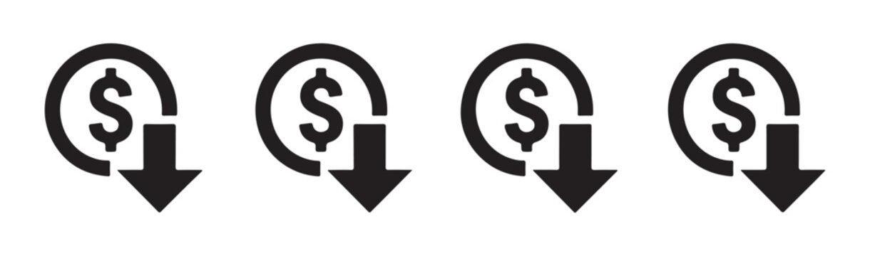 Set of four dollar decrease icons with a downward arrow on transparent background, symbolizing financial loss.
