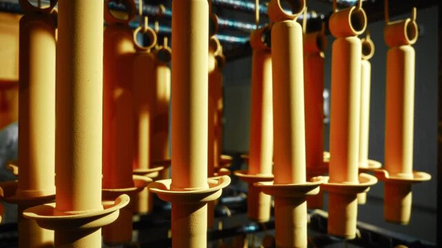 Rows of cylindrical automotive components suspended on rack with matte yellow orange powder coated finish under warm directional industrial light inside factory line