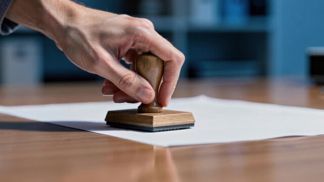 Close-up of hand stamping a document on wooden table in office setting