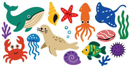 Fototapeta premium Sea creatures and diverse marine life elements swimming in underwater environment.