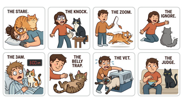 Funny Cat and Owner Reaction Scene Collection Including The Stare Knock Zoom Ignore 3AM Belly Trap Vet Judge for Pet Humor Social Media Design
