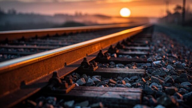 Sunset over railway tracks with wooden sleepers and gravel in warm golden light