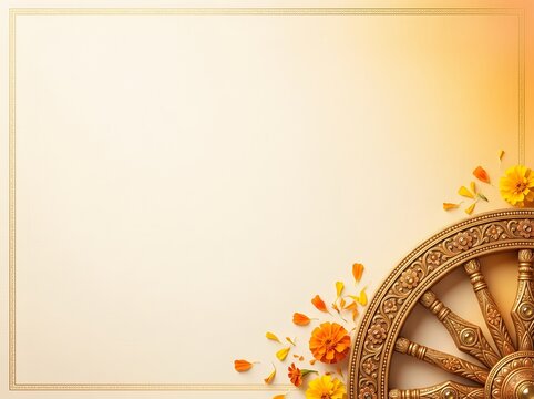 Decorative frame with gold dharmachakra and marigold flowers on a light paper background.