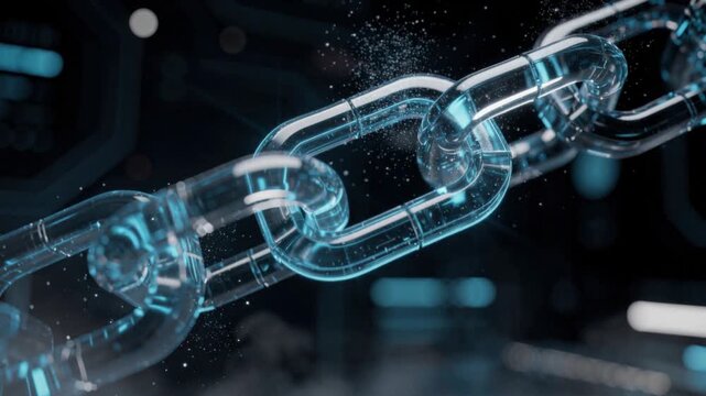 Futuristic glowing transparent chain links with digital particles and high tech background