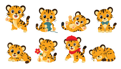 Obraz premium Cute little tiger cubs set displaying different playful emotions and poses.