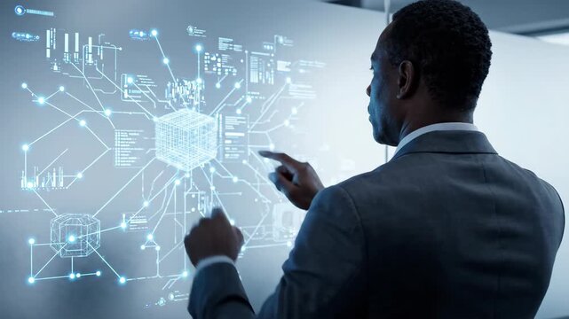 Businessman data network screen technology innovation digital interface analysis executive back view office hologram analytics futuristic modern