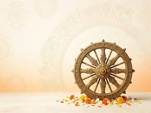 Golden dharmachakra symbol with marigold flower petals arranged on a light elegant surface.