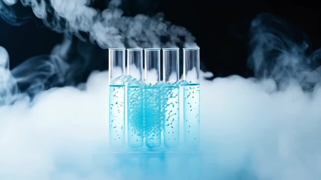 Laboratory vials filled with glowing blue liquid surrounded by swirling dry ice vapor in a mysterious scientific chemistry experiment scene