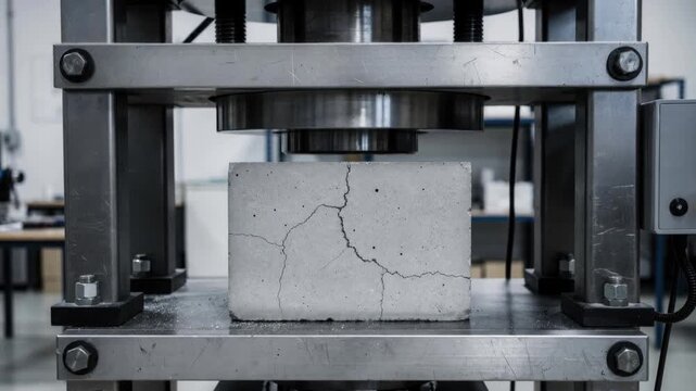 Concrete block strength testing machine showing cracked cement sample under pressure in industrial lab