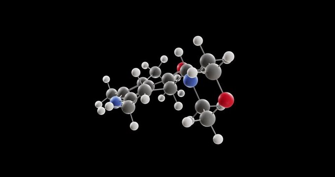 Molindone molecule, rotating 3D model of antipsychotic, looped video on a black background
