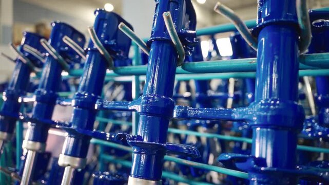Rows of cobalt blue automotive pillars hanging on drying rack inside manufacturing plant