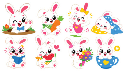 Naklejka premium Playful white rabbits celebrating happy moments and eating snacks.