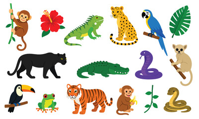 Fototapeta premium Tropical jungle animals and wildlife creatures set.