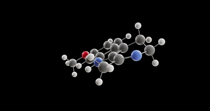 Harmaline molecule, rotating 3D model of beta-carboline alkaloid, looped video on a black background
